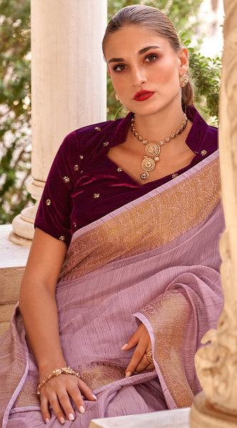 Demanding Lavender Cotton Silk Saree With Groovy Blouse Piece