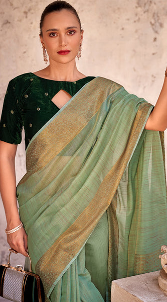 Flamboyant Pista Cotton Silk Saree With Glorious Blouse Piece