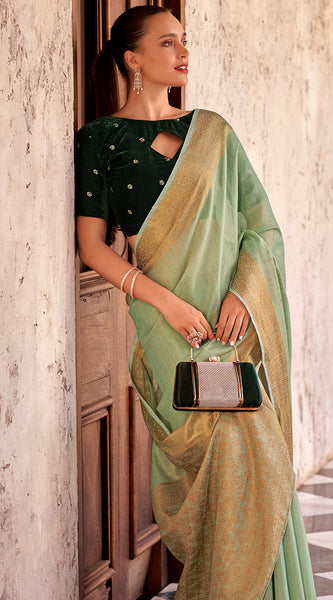 Flamboyant Pista Cotton Silk Saree With Glorious Blouse Piece
