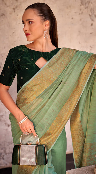 Flamboyant Pista Cotton Silk Saree With Glorious Blouse Piece