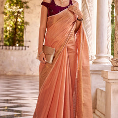 Vestigial Peach Cotton Silk Saree With Staggering Blouse Piece