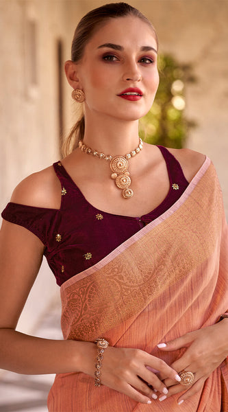 Vestigial Peach Cotton Silk Saree With Staggering Blouse Piece