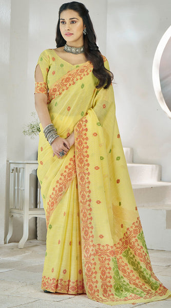 Flamboyant Yellow Cotton Silk Saree With Surpassing Blouse Piece