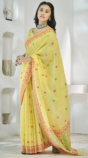 Flamboyant Yellow Cotton Silk Saree With Surpassing Blouse Piece