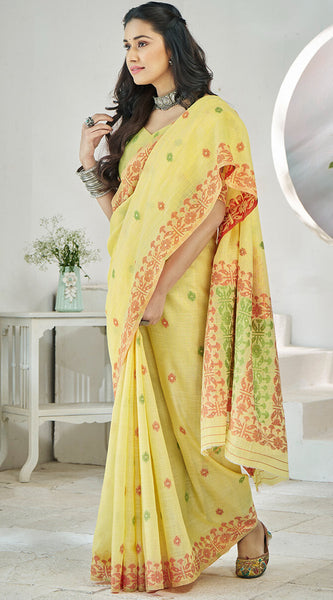 Flamboyant Yellow Cotton Silk Saree With Surpassing Blouse Piece