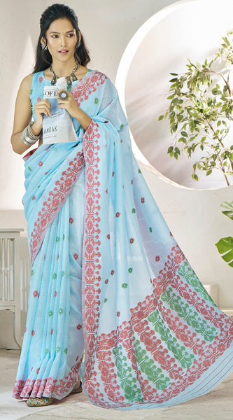Wonderful Sky Cotton Silk Saree With Amazing Blouse Piece