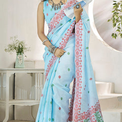 Wonderful Sky Cotton Silk Saree With Amazing Blouse Piece