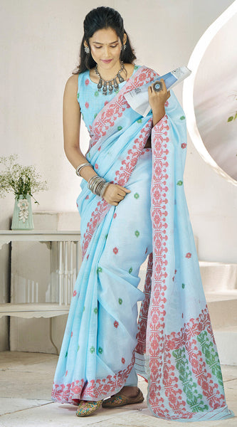 Wonderful Sky Cotton Silk Saree With Amazing Blouse Piece