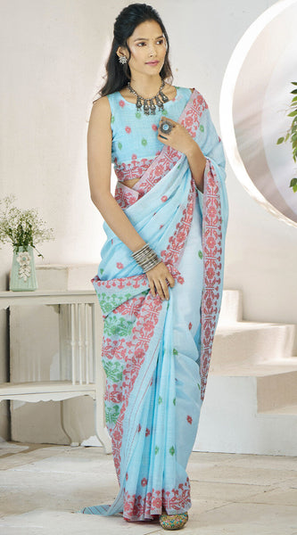 Wonderful Sky Cotton Silk Saree With Amazing Blouse Piece