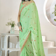 Invaluable Pista Cotton Silk Saree With Hypnotic Blouse Piece