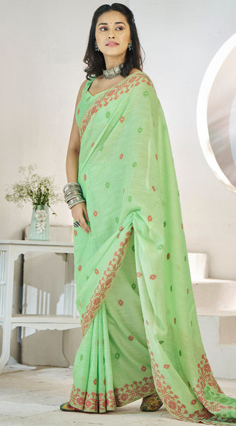 Invaluable Pista Cotton Silk Saree With Hypnotic Blouse Piece