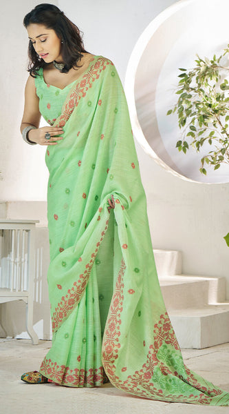 Invaluable Pista Cotton Silk Saree With Hypnotic Blouse Piece