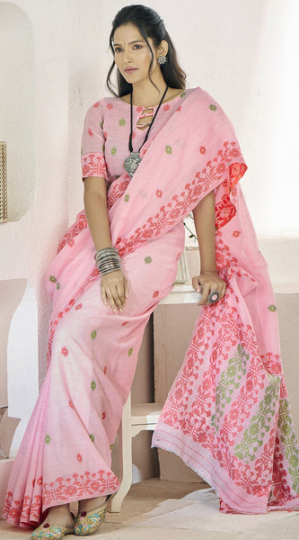 Preferable Pink Cotton Silk Saree With Exquisite Blouse Piece