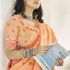 Excellent Peach Cotton Silk Saree With Demesne Blouse Piece