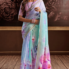 Petrichor Sky Digital Printed Soft Silk Saree With Snazzy Blouse Piece