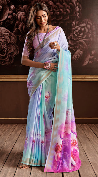 Petrichor Sky Digital Printed Soft Silk Saree With Snazzy Blouse Piece