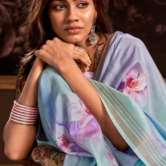 Petrichor Sky Digital Printed Soft Silk Saree With Snazzy Blouse Piece