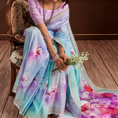 Petrichor Sky Digital Printed Soft Silk Saree With Snazzy Blouse Piece