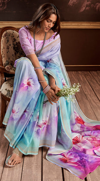 Petrichor Sky Digital Printed Soft Silk Saree With Snazzy Blouse Piece