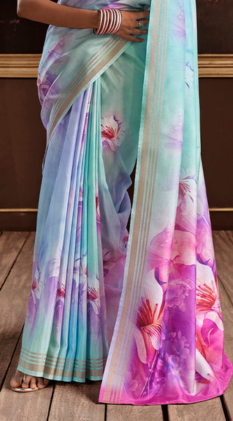 Petrichor Sky Digital Printed Soft Silk Saree With Snazzy Blouse Piece