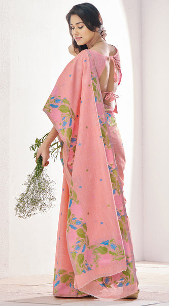 Unique Peach Cotton Silk Saree With Intricate Blouse Piece