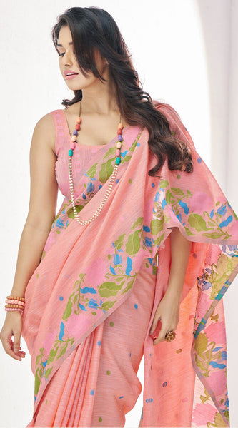 Unique Peach Cotton Silk Saree With Intricate Blouse Piece