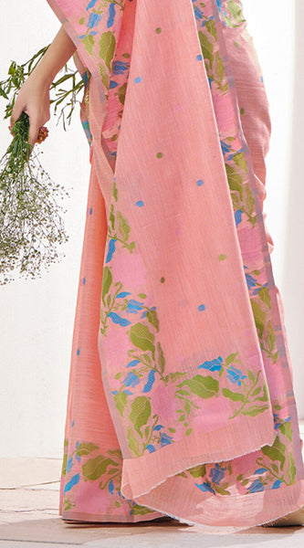 Unique Peach Cotton Silk Saree With Intricate Blouse Piece
