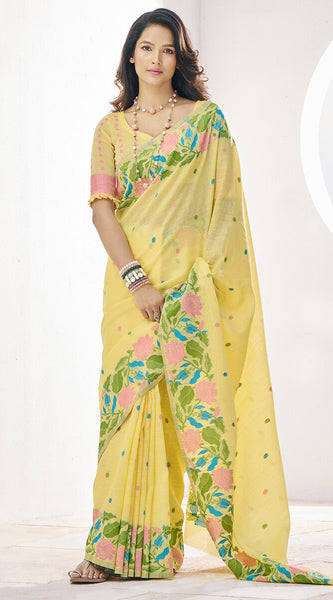 Hypnotic Yellow Cotton Silk Saree With Twirling Blouse Piece