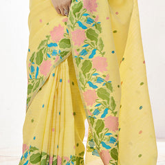 Hypnotic Yellow Cotton Silk Saree With Twirling Blouse Piece