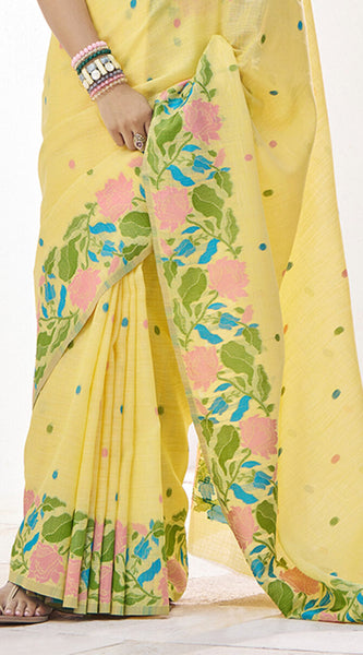 Hypnotic Yellow Cotton Silk Saree With Twirling Blouse Piece