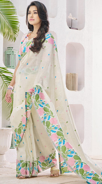 Beauteous Beige Cotton Silk Saree With Assemblage Blouse Piece