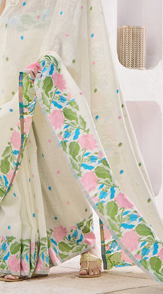 Beauteous Beige Cotton Silk Saree With Assemblage Blouse Piece