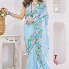 Embrocation Sky Cotton Silk Saree With Propinquity Blouse Piece