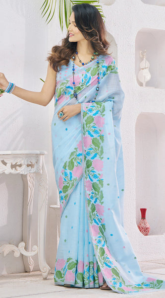 Embrocation Sky Cotton Silk Saree With Propinquity Blouse Piece