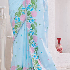 Embrocation Sky Cotton Silk Saree With Propinquity Blouse Piece
