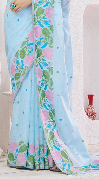 Embrocation Sky Cotton Silk Saree With Propinquity Blouse Piece