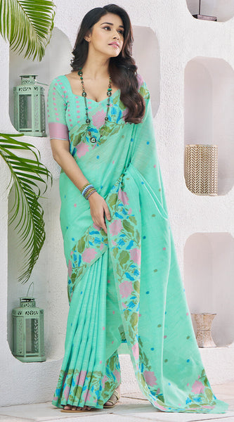 Confounding Sea Green Cotton Silk Saree With Artistic Blouse Piece