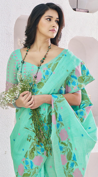 Confounding Sea Green Cotton Silk Saree With Artistic Blouse Piece