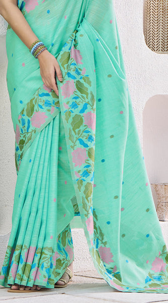 Confounding Sea Green Cotton Silk Saree With Artistic Blouse Piece