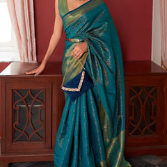 Ravishing Rama Kanjivaram Silk Saree With Flameboyant Blouse Piece