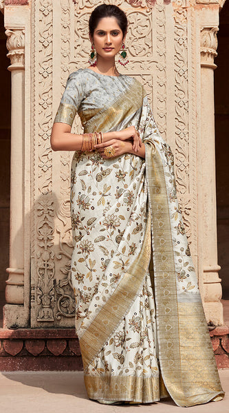 Efflorescence Off White Digital Printed Soft Silk Saree With Luminous Blouse Piece