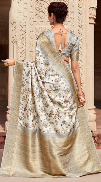 Efflorescence Off White Digital Printed Soft Silk Saree With Luminous Blouse Piece