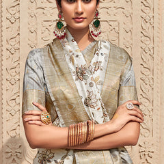 Efflorescence Off White Digital Printed Soft Silk Saree With Luminous Blouse Piece
