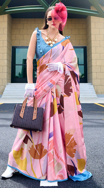 Classy Pink Digital Printed Satin Silk Saree With Skinny Blouse Piece