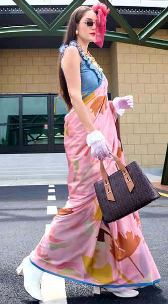 Classy Pink Digital Printed Satin Silk Saree With Skinny Blouse Piece