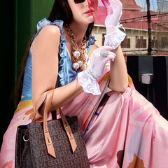Classy Pink Digital Printed Satin Silk Saree With Skinny Blouse Piece