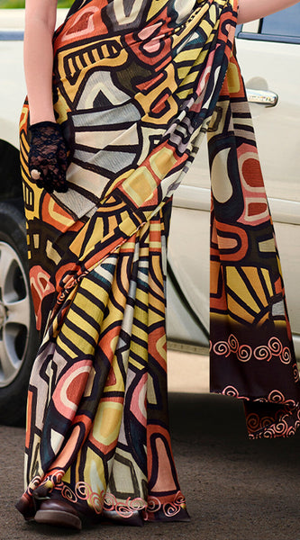Phenomenal Multicolor Digital Printed Satin Silk Saree With Gratifying Blouse Piece