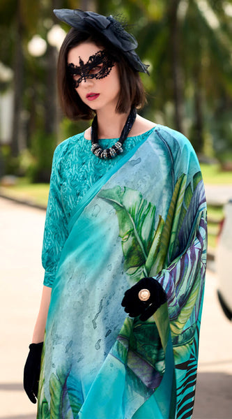 Jazzy Firozi Digital Printed Satin Silk Saree With Hypnotic Blouse Piece