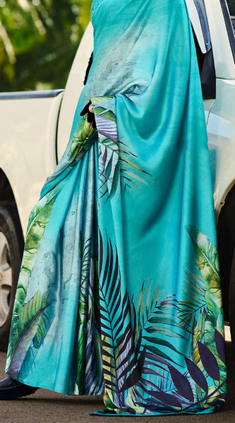 Jazzy Firozi Digital Printed Satin Silk Saree With Hypnotic Blouse Piece