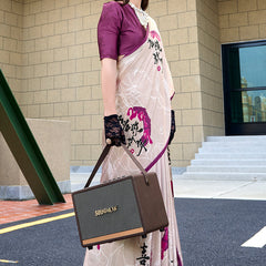 Flamboyant Beige Digital Printed Satin Silk Saree With Inspiring Blouse Piece